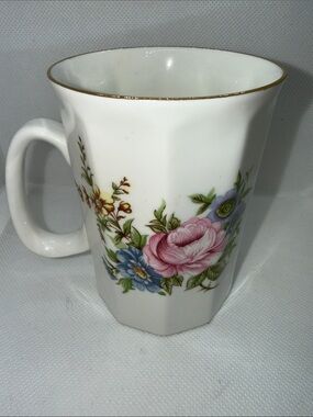 Porcelain Floral Mug with Gold Rim - White, Pink & Blue